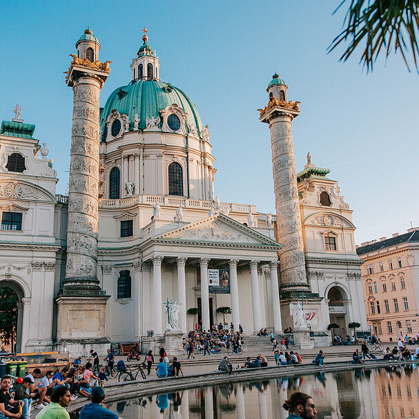 View of the baroque church Karlskirche in Vienna in the evening