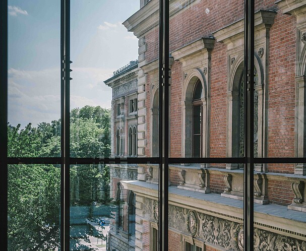 View of a building through a window
